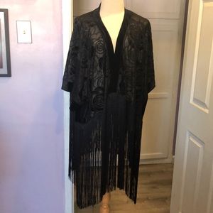 Justfab black sheer with burned out velvet detailing and velvet trim covering.